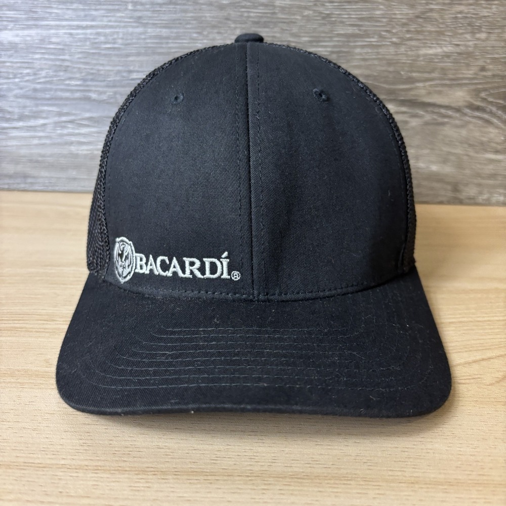 Bacardi Hat Cap Fitted Black Mesh Trucker Embroidered Flexfit Mens Medium Logo